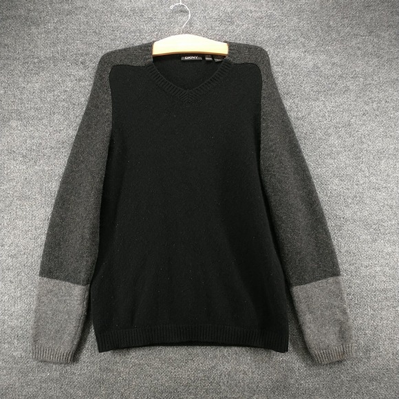 DKNY Women's Pullover Knit Sweater Black Gray Large Colorblock V-Neck Lambswool - Picture 2 of 13
